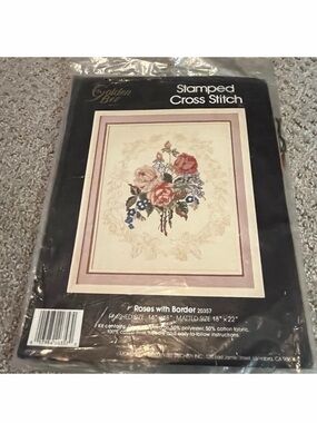 Golden Bee Roses with Border Stamped Cross Stitch Kit 14" x 18" Leaf Floral 90s